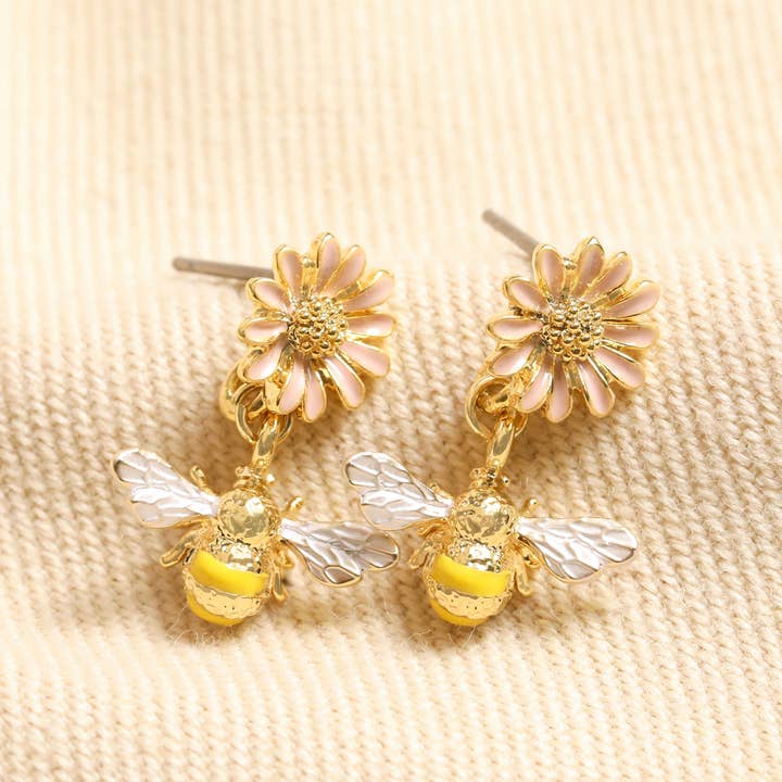 Yellow and Pink Enamel Floral Bee Drop Earrings in Gold for wholesale by Lisa Angel