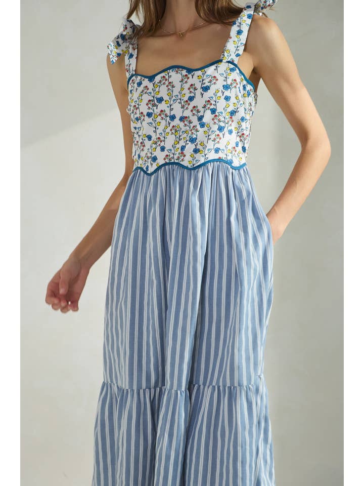 White Blue Combo Floral Print & Stripe Mixed Midi Dress for wholesale on Faire