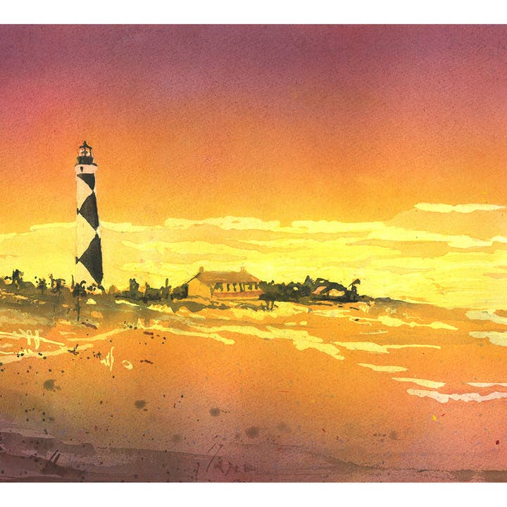 Cape Lookout lighthouse colorful watercolor painting handmade item coastal decor beach house art Outer Banks NC (original) for wholesale by Ryan Fox Fine Art