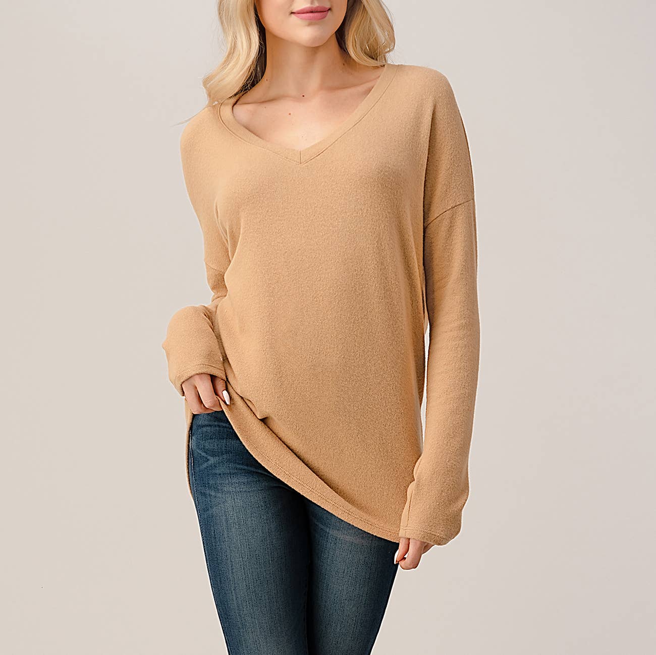 Heimious - Wholesale Knit Top - Women's - Long Sleeve V-neck Brushed Knit Top, 273838