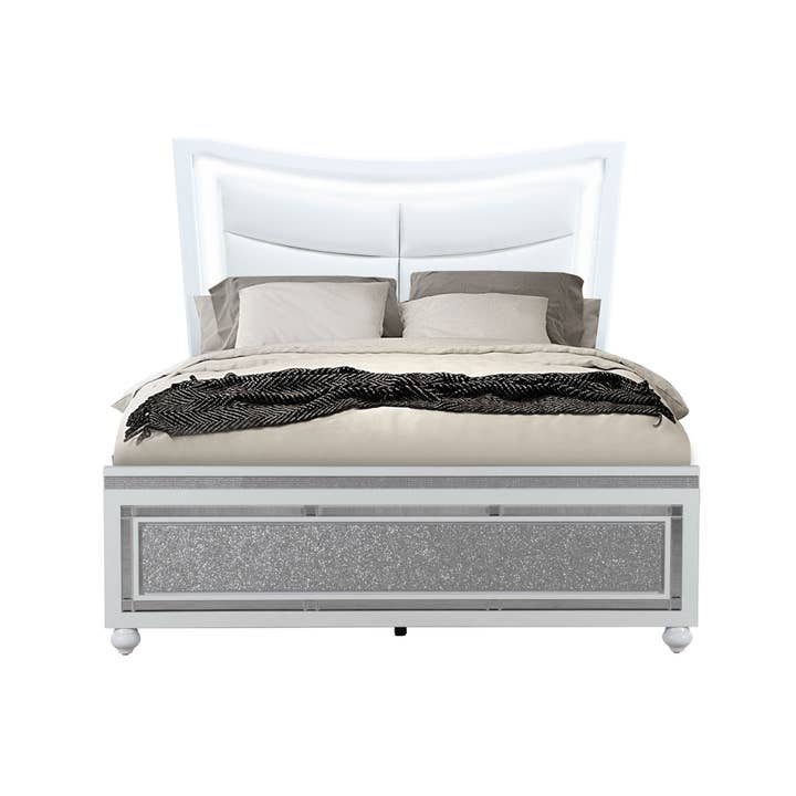 HomeRoots - Wholesale Bed - White And Silver and White Faux Crystal Bling Wood And Upholstery Lighted Queen Bed Frame3