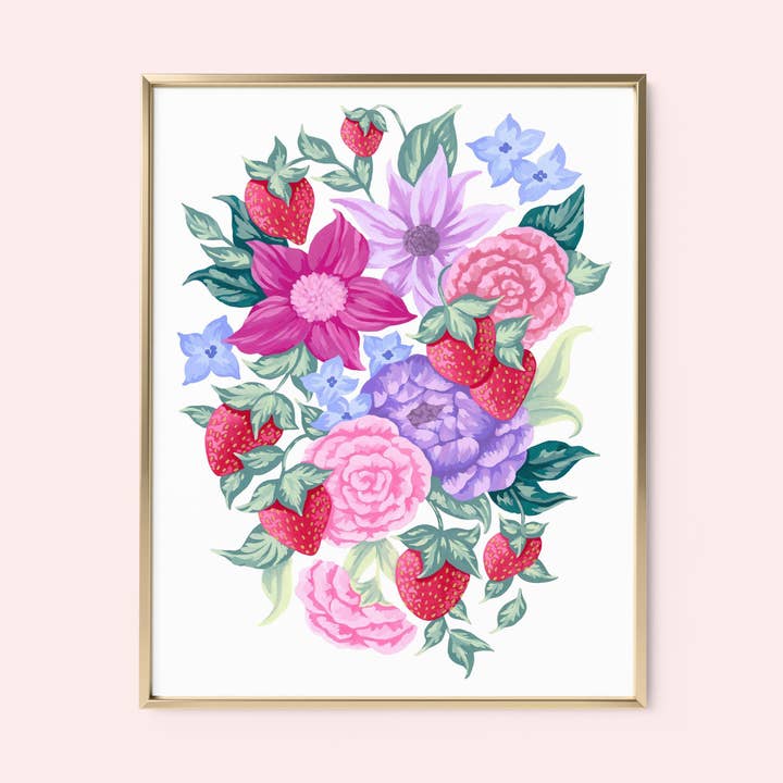 Strawberry Floral Art Print for wholesale by Mia Whittemore