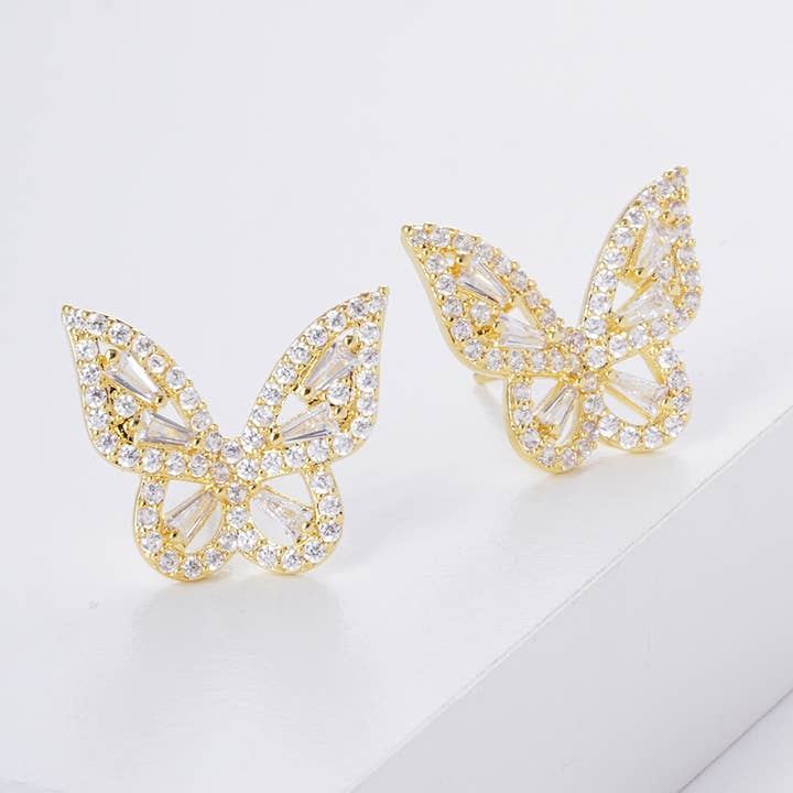 Large CZ Gold Dipped Butterfly Post Earrings for wholesale by Fashion City