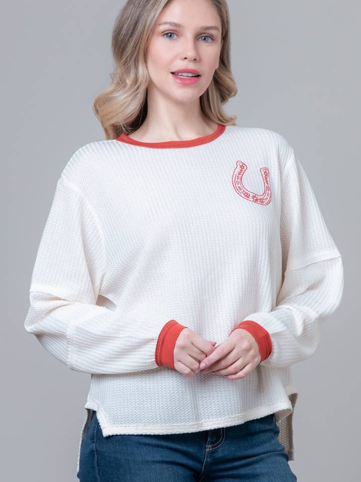 White HT28988T-LONG SLEEVE HORSESHOE PRINT EMBROIDERY TOP for wholesale on Faire2