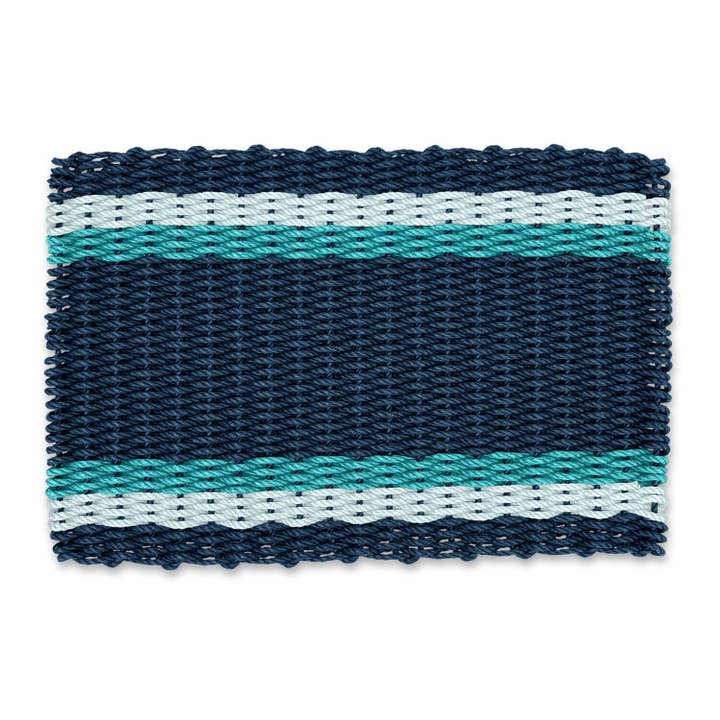 Lobster Rope Doormat: Navy, Seafoam, Teal Tailored Stripes for wholesale by Wicked Good Doormats
