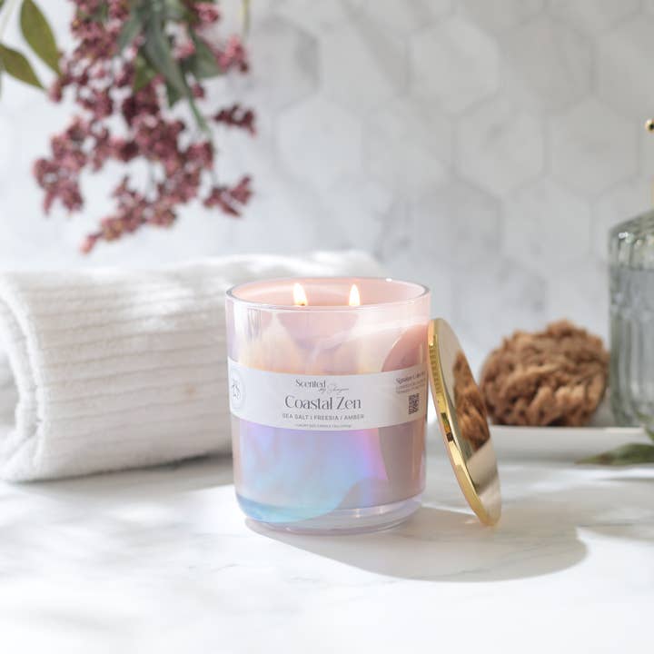 Coastal Zen-13 oz Iridescent Lilac Glass Vessel/ Soy Candle for wholesale by Scented By Shayian