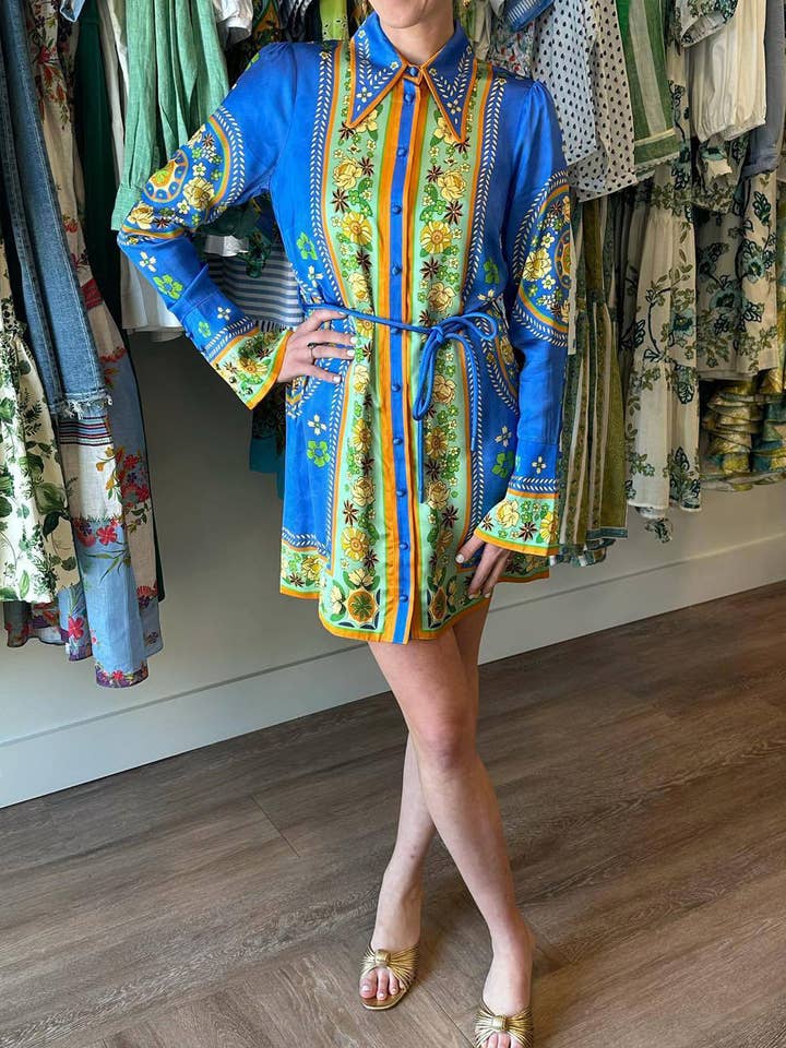 Blue Exquisite Boho Floral Flared Sleeve Belted Shirt Dress for wholesale on Faire