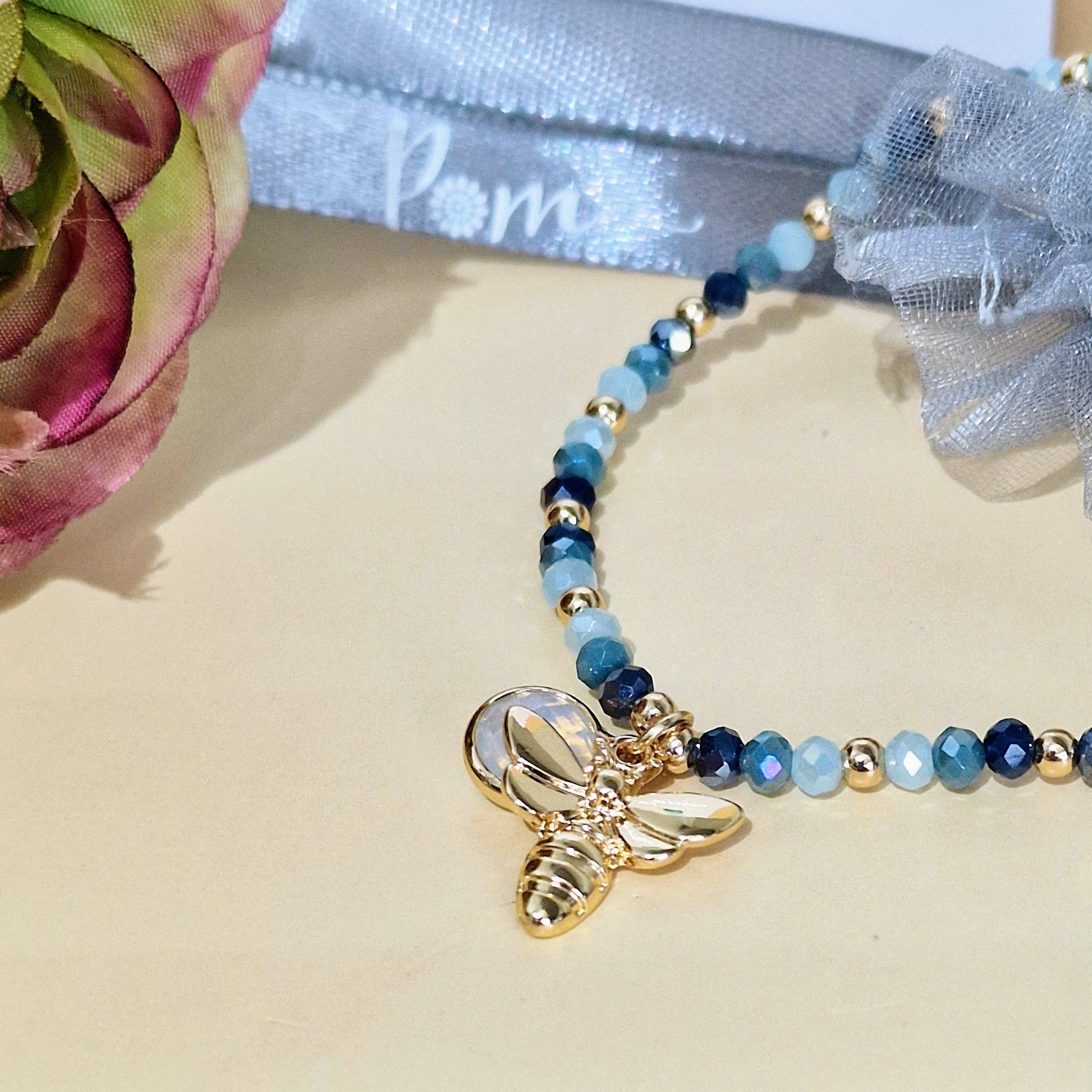 Bee my Oyster – wholesale Beaded bracelet – Denim Blue Crystal Beaded Stretch Bracelet Bee Charm by POM5