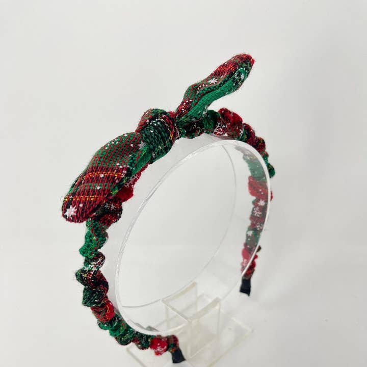Christmas - Wool Bunny Ear Headband - Red & Green Tartan Snowflake for wholesale by Bowtastic Hair Accessories