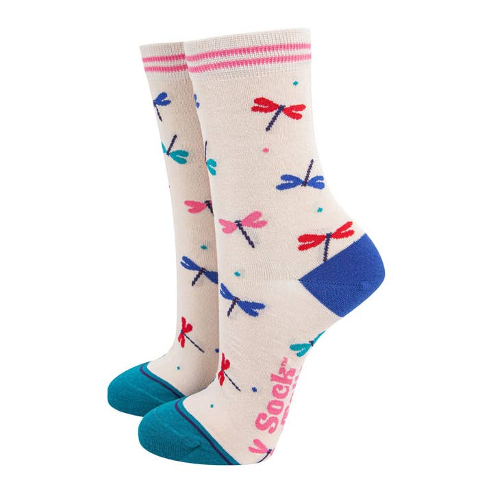 Women's Bamboo Socks - Cream/Blue, Dragonfly for wholesale by Sock Talk