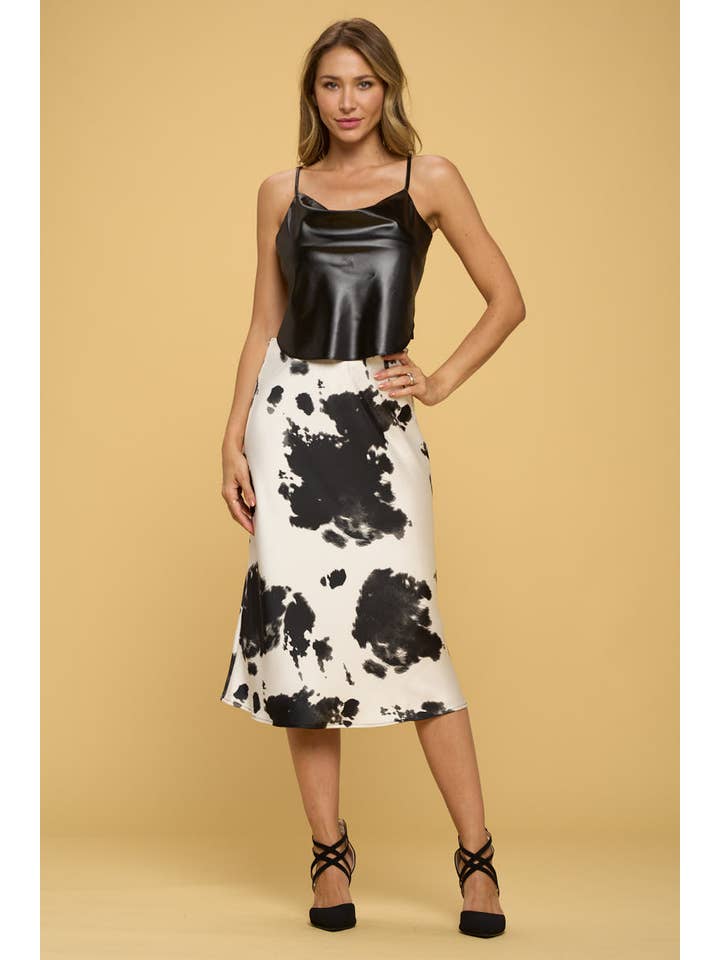 SCHWARZ Hergestellt in den USA Midirock aus Satin mit Western-Kuhmuster für den Großhandel auf Faire4