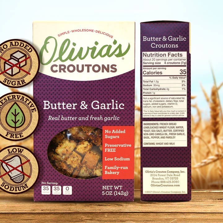 Olivia's Crouton Co., Inc. – Großhandel Brotbackmischungen – Olivia's Butter & Knoblauch Croutons 6er Pack Etui0