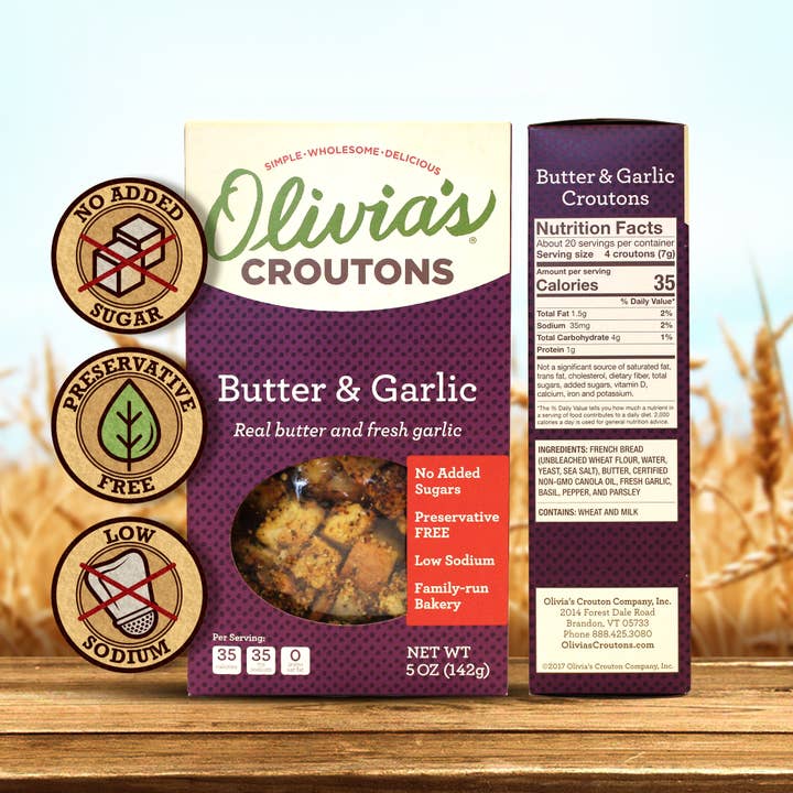 Olivia's Crouton Co., Inc. - Wholesale Bread Mix - Olivia's Butter & Garlic Croutons 6 pack case