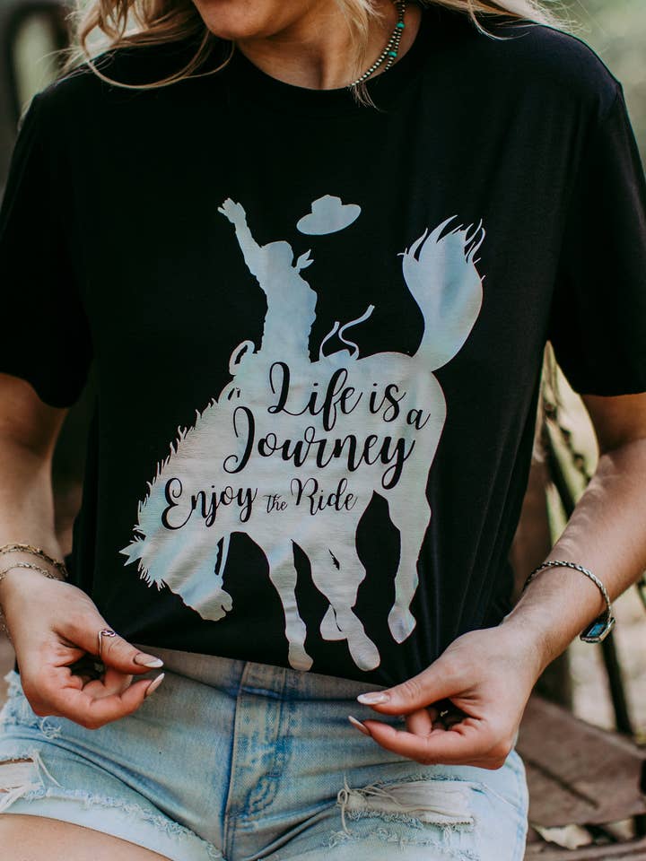Black MK494 Enjoy the ride Gold Foil SL Tee for wholesale on Faire