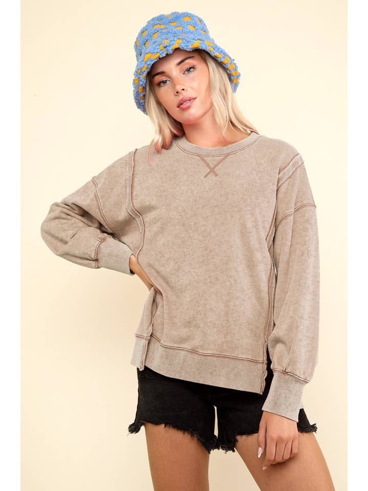 VERY J - Wholesale Knit Top - Women's - NT11399-Mineral Washed French Terry Oversized Knit Top