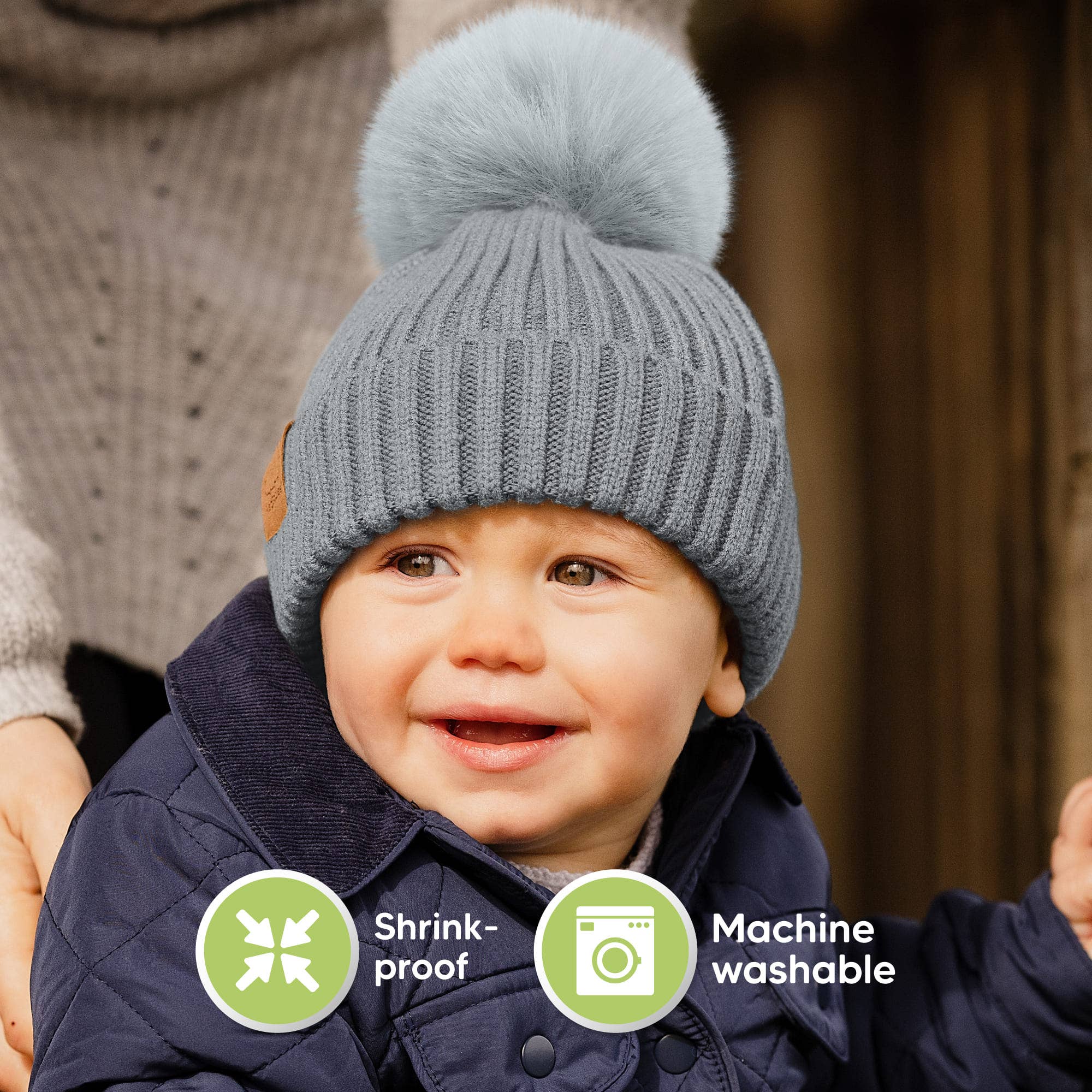 Acciaio Berretto lavorato a maglia con pompon KeaBabies, confezione da 2 in vendita all'ingrosso su Faire6