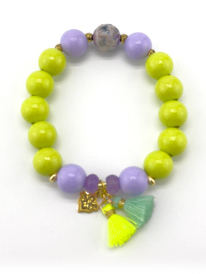 Bracelet Mala Summer Lime avec perles en argent sterling plaqué or, bois et jaspe pour la vente par samsara collection