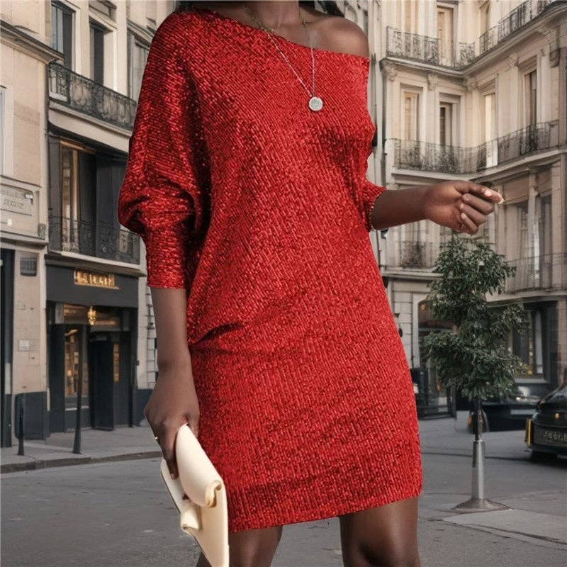 OceanusSwim - Wholesale Dress - Women's - Solid Color Off Shoulder Sequin Mini Dress1