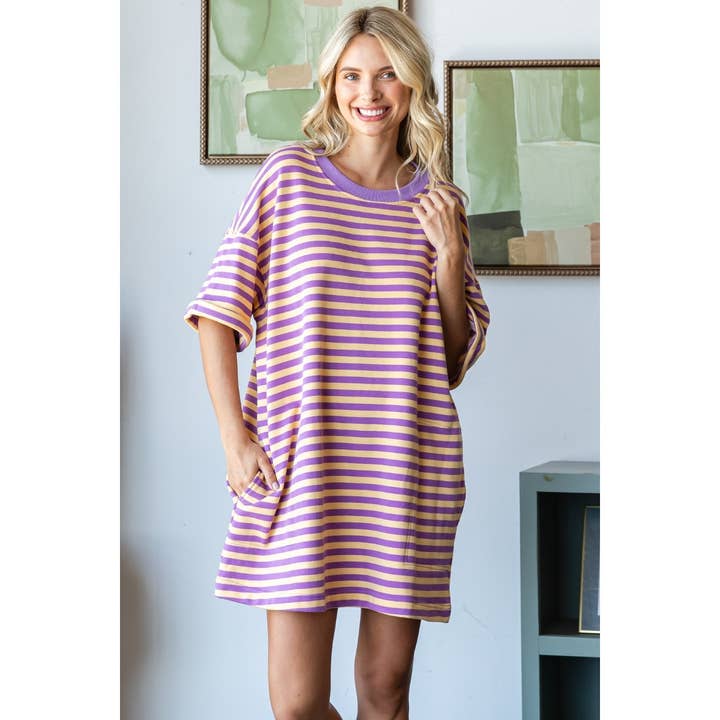 Veveret - Wholesale Dress - Women's - Stripe Knit Pullover Oversized Tee Dress