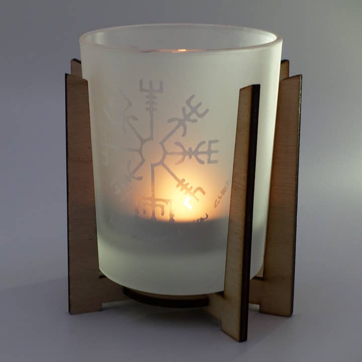 Graphic Home Editions - Wholesale Candle Holder - NORDIC - Engraved Frosted Glass Tealight Holder, Wooden Holder