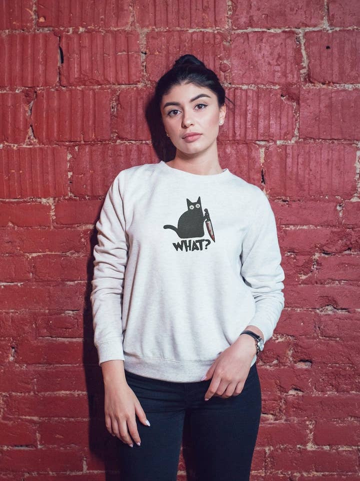 What? Cat Unisex Embroidered T-Shirt or Crewneck Sweatshirt for wholesale by Totally Iced Out