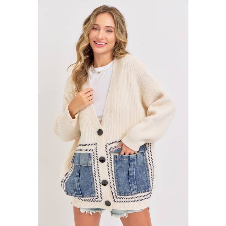 IVORY Knit Sweater Cardigan with Denim Pockets for wholesale on Faire1