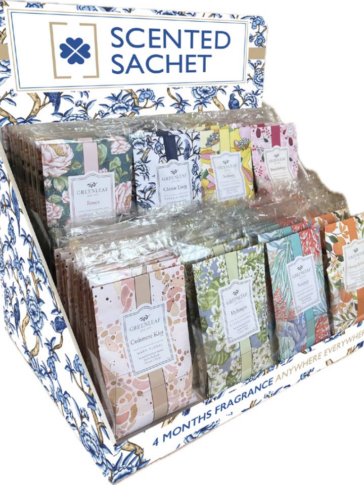 Cardboard Display with 8 top selling Greenleaf fragrances for wholesale by Heart Of The Country Ltd