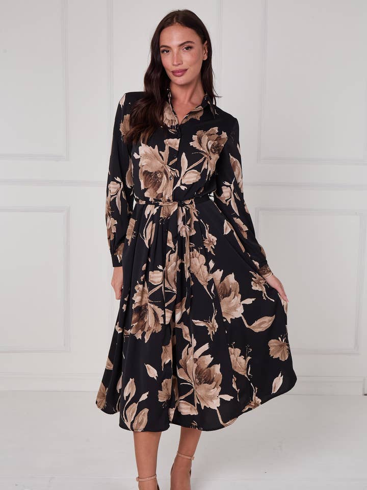 8Pcs Black Mocha Statement Floral Midi Shirt Dress for wholesale by Love Sunshine Wholesale