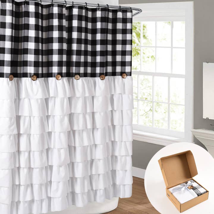 Chic Ruffled Shower Curtain with Black and White Buffalo Plaid, Boho Microfiber Bathtub Curtain with Natural Coconut Buttons, 72 x 72" for wholesale by HIG