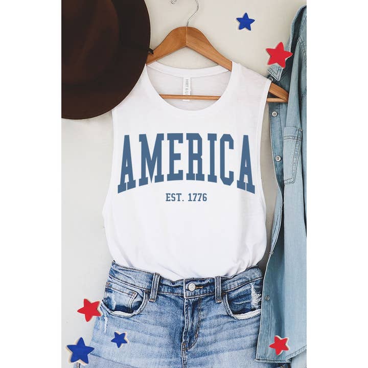 HRTandLUV - Wholesale Tank Top - Women's - AMERICA EST 1776 GRAPHIC TANK TOP