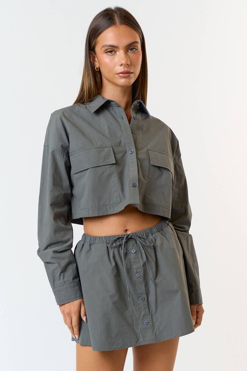 BURGUNDY Poplin Button Down Crop Shirt Jacket for wholesale on Faire5