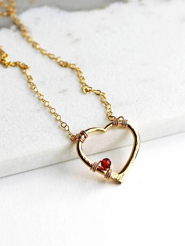 Heart Necklace with Garnet | Heart Pendant Necklace for wholesale by Laura Stark Designs