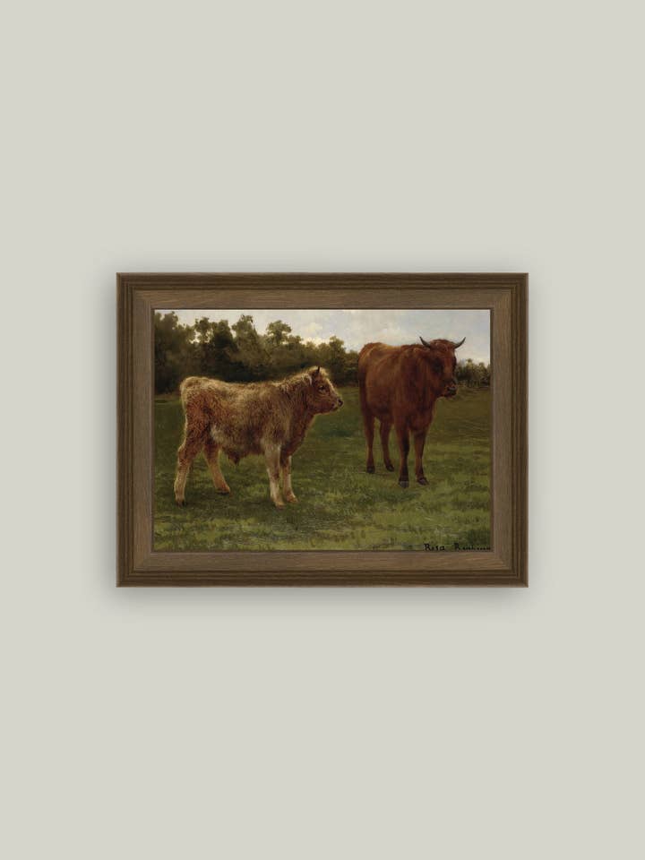 Two Cows Grazing Framed Antique Art for wholesale by Petal Lane Home