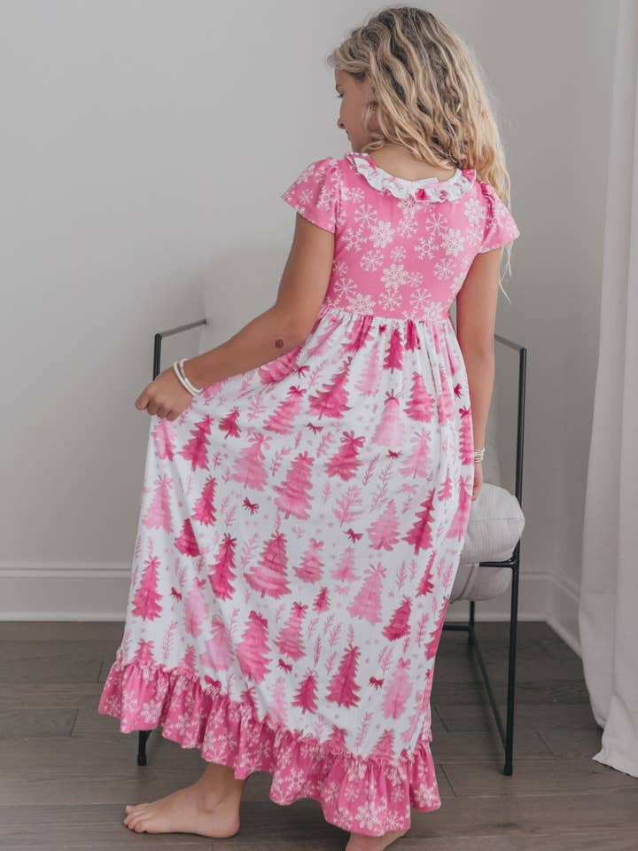 Oopsie Daisy - Wholesale Nightdress - Kids - Girls Bright Pink Christmas Tree Holiday Ruffle Lounge Gown3