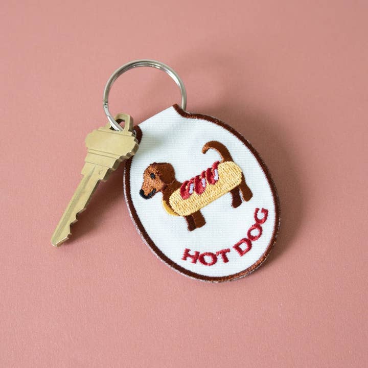 Hot Dog Embroidered Keychain for wholesale by Lindy Stark Designs