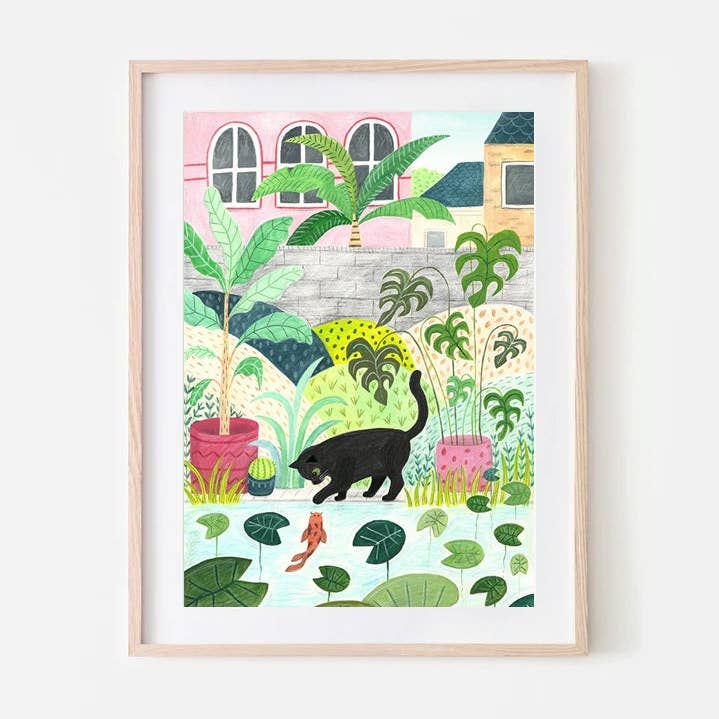 Black Cat and Fish Pond Art Print for wholesale by Fawa Shah