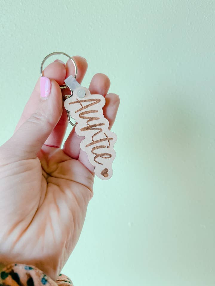 Auntie Cursive Outline Keychains for wholesale by Johnson Livings LLC