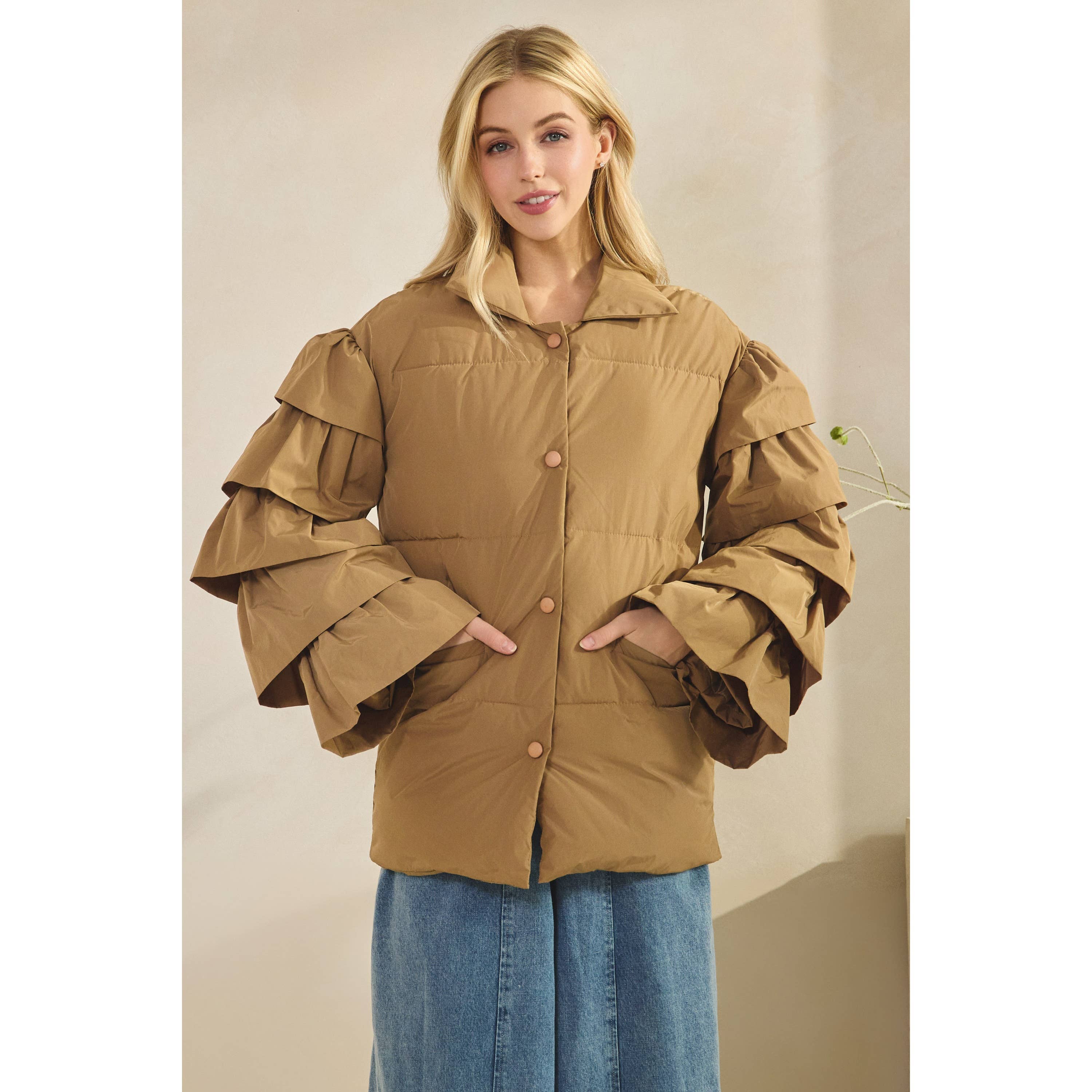 Veveret - Wholesale Jacket - Women's - Tiered Ruffle Long Sleeve Padded Jacket6