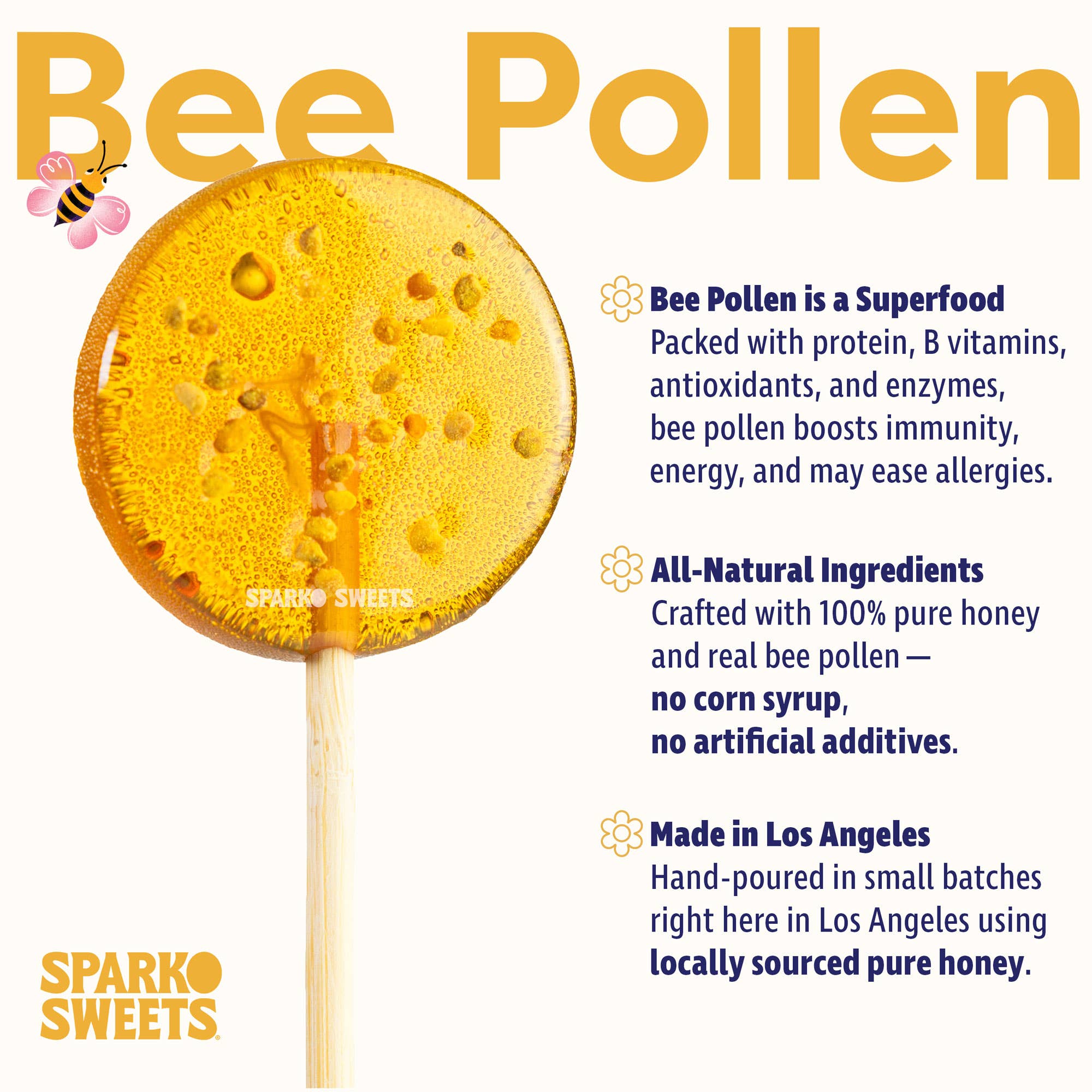 Sparko Sweets - Wholesale Lollipop - Honey Bee Pollen Lollipops - 1.7"1
