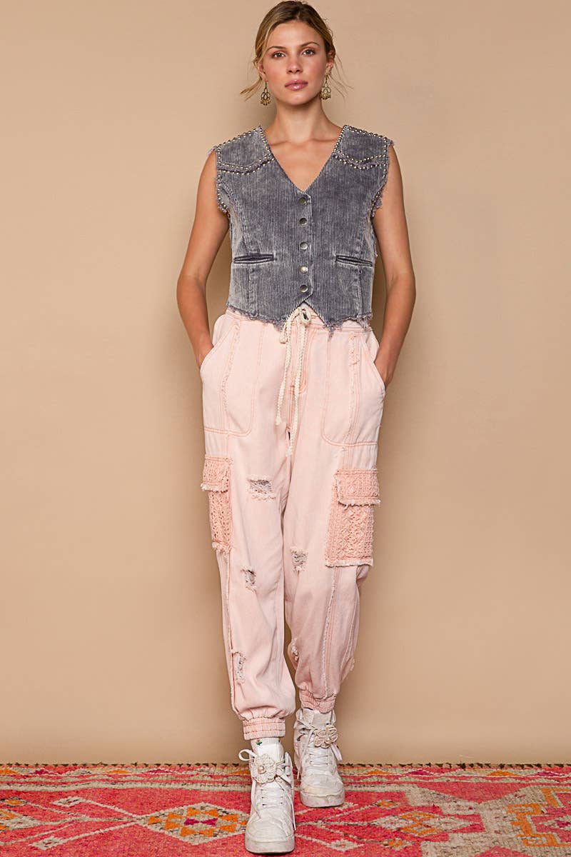 Pol Clothing - Wholesale Jeans - Women's - Tie waistband contrast crochet cargo pockets denim joggers3