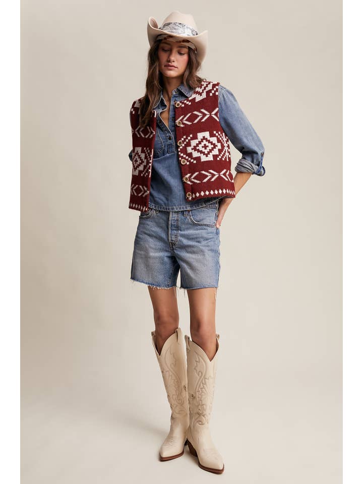 Listicle - Wholesale Sweater Vest - Women's - Southwestern Button-Up Vest LSW097718