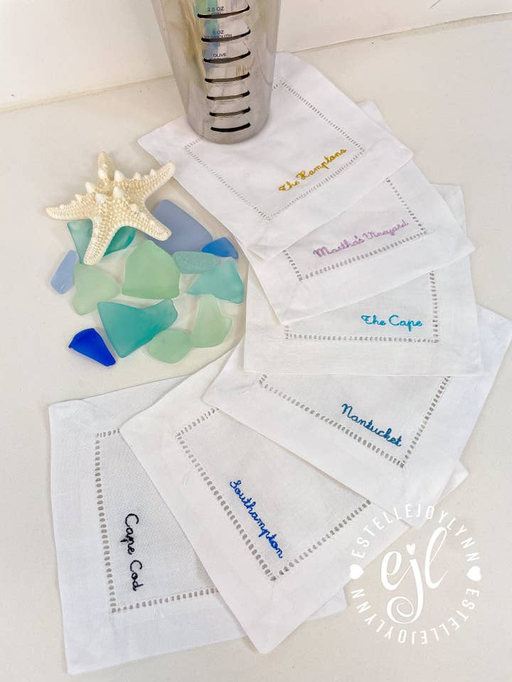 Custom Cocktail Napkins Linen Embroidered Cape Cod Nantucket for wholesale by EstelleJoyLynn, LLC