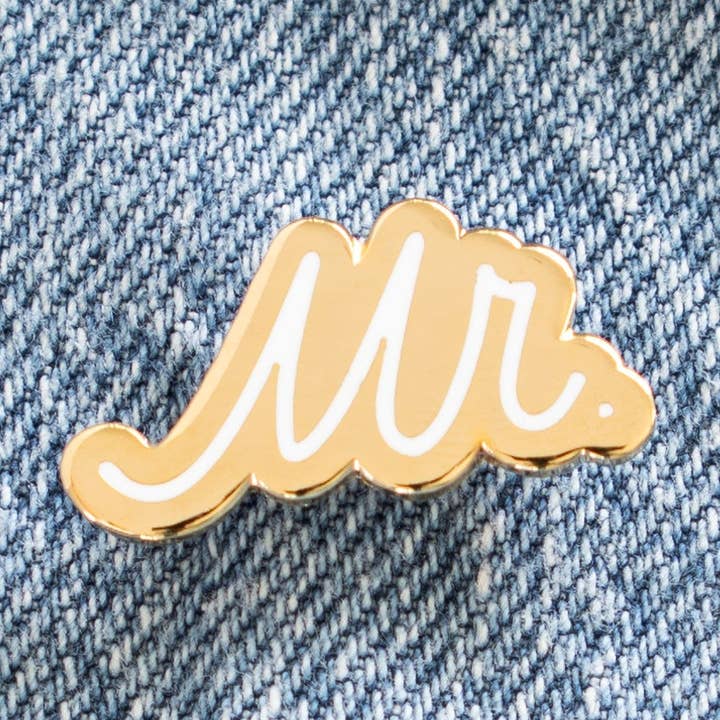 Script Mr Hard Enamel Lapel Pin/Button for wholesale by Palm and Posy
