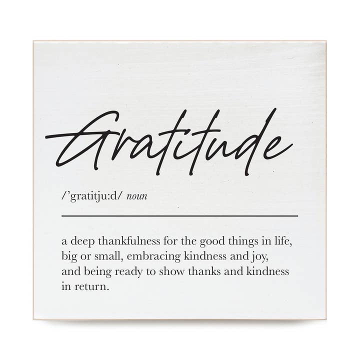 Bloc décoratif en bois avec définition de la gratitude pour la vente par Second Nature by Hand