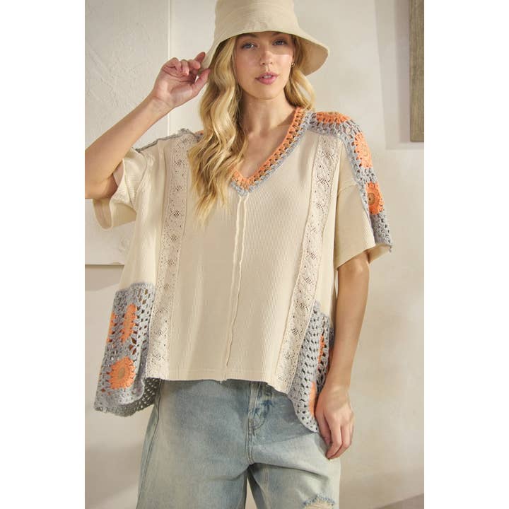 WASHED V NECK CROCHET CONTRAST SHORT SLEEVE TOP for wholesale by Oli&Hali