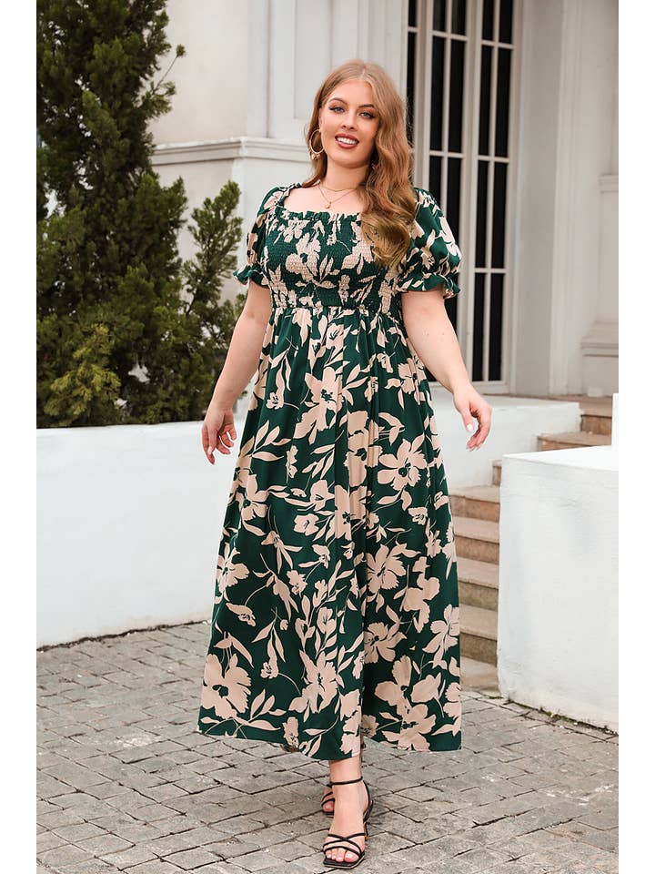 Suhkasana - Wholesale Dress - Women's - Womens Summer Puffy Short Sleeve Square Neck Smocked Tiered Ruffle Plus Size Dress