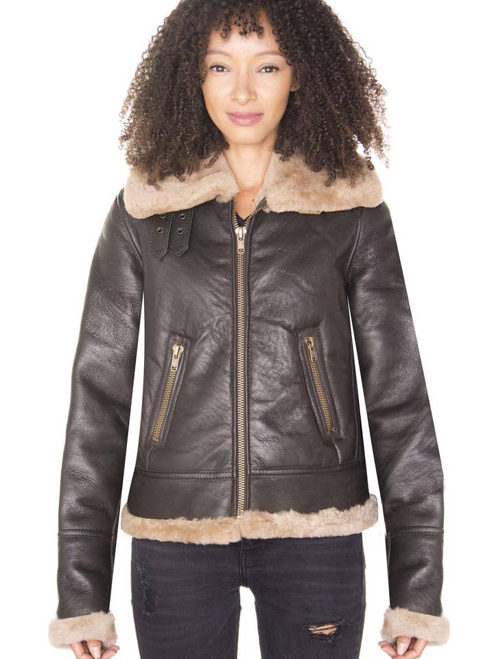 Womens Brown B3 Sheepskin Leather Flying Jacket-Kayseri for wholesale on Faire