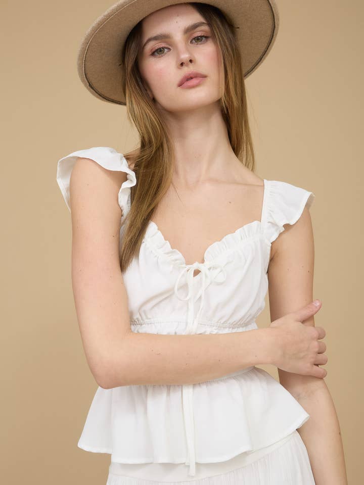 Blu Pepper - Wholesale Blouse - Women's - RUFFLE TRIM FRONT TIE SHIRRED WAIST BLOUSE
