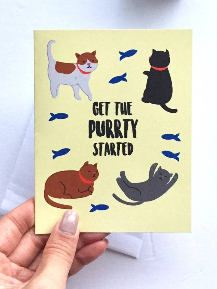 Purrty Time Cat Birthday Card - A2 Handmade Birthday Fat Cat Kitten Lovers Party Punny Card with foiled lettering for wholesale by Papermain