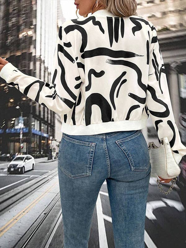 WHITE Long Sleeves Loose Printed Zipper Jackets Outerwear for wholesale on Faire2